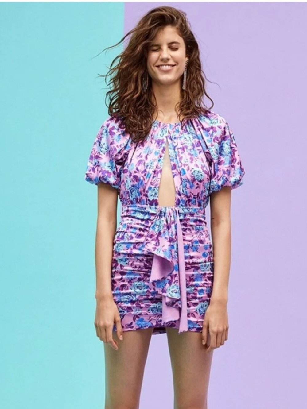 NWT For love & Lemons Purple Floral Tahiti Mini Dress Sz S
